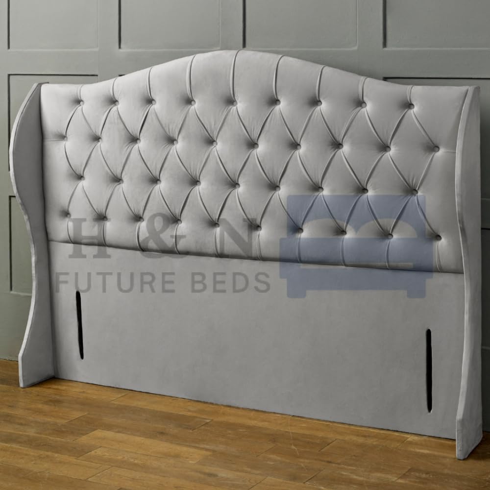 H&N FUTURE BEDS | 54″ Floor Standing Headboard Plush Chesterfield Winged Back |Bed Headboard for Divan Bed Free Standing in Single Double King Super King (Silver Plush, 4FT Small Double)