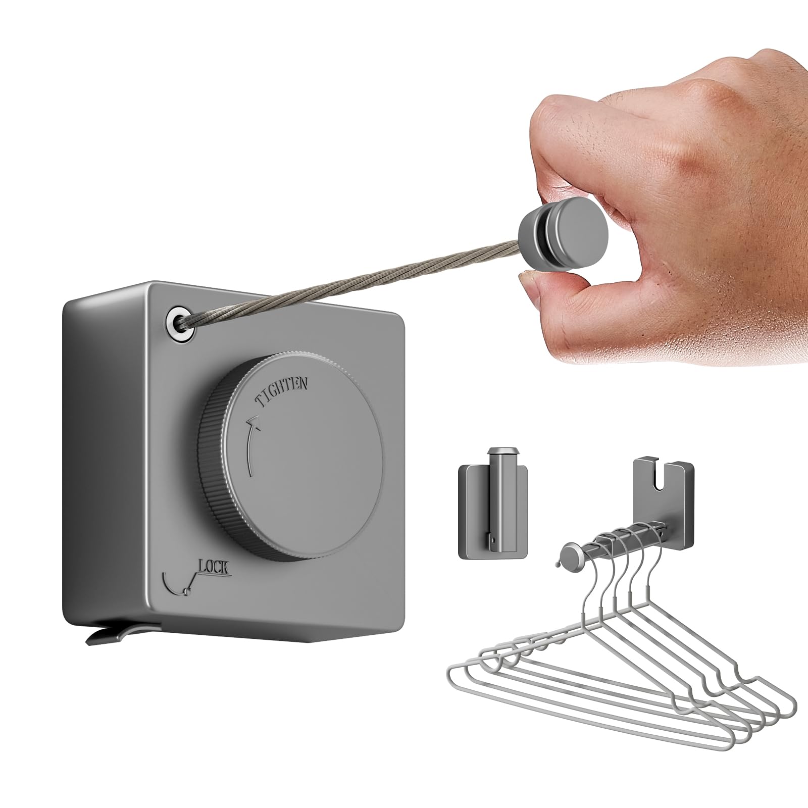 HONPHIER Retractable Washing Line Clothesline Indoor Non-Sagging Washing Line 5.1m Heavy Duty With Foldable Towel Hook Outdoor Laundry Line Wall Mounted Stainless Steel (Gray, Single Line)