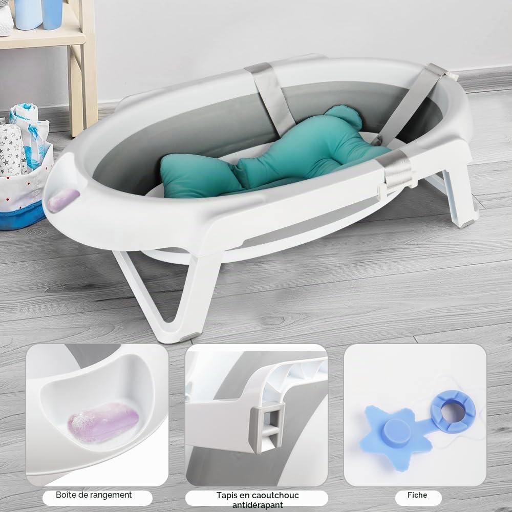OHMG 3 in 1 Baignoire Ergonomique pour Bébé avec Support et Table à Langer,Fermeture Compacte,baignoire pliable bebe,baignoire bebe sur pied,bain bebe,pour nouveau-nés jusqu'à 3 mois