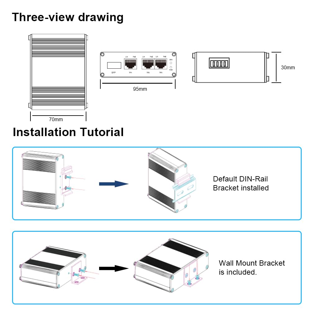Commutateur Gigabit industriel à 3 ports PoE Ethernet PoE+ Commutateur fibre avec fente SFP adaptative 100/1000 M SFP rail DIN non géré 10/100/1000 Mbps Commutateur réseau IEEE802.3af/at 30 W