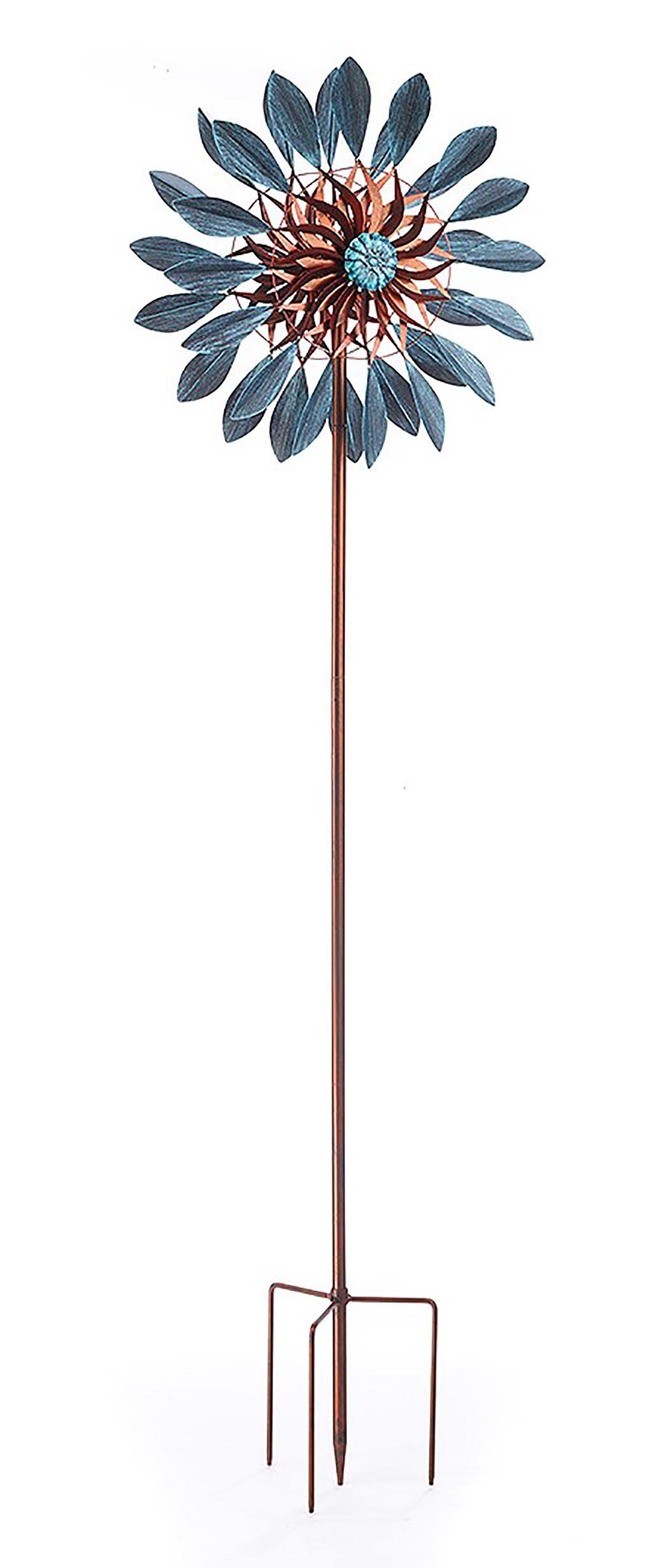 Kobolo Windrad Blossom XXL, 60x215 cm, braun/blau, XXL Metallwindrad, wetterfest & stabil, dekorativer Gartenstecker für Beet, Rasen & Vorgarten