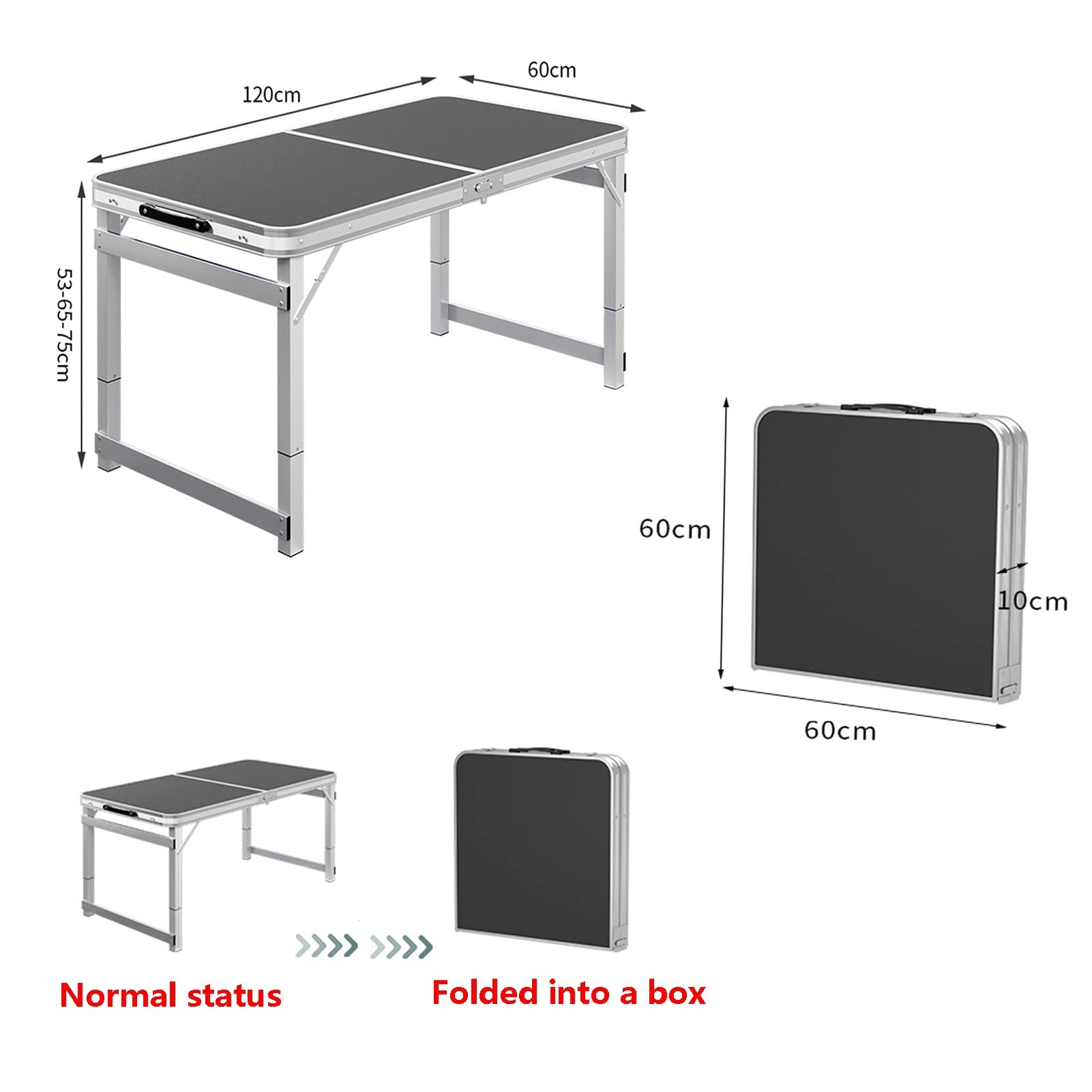 Składany aluminiowy stół ogrodowy z uchwytem, regulowana wysokość, stół kempingowy, idealny na grilla, piknik, plażę, patio, szary, 120 x 60 x 75 cm