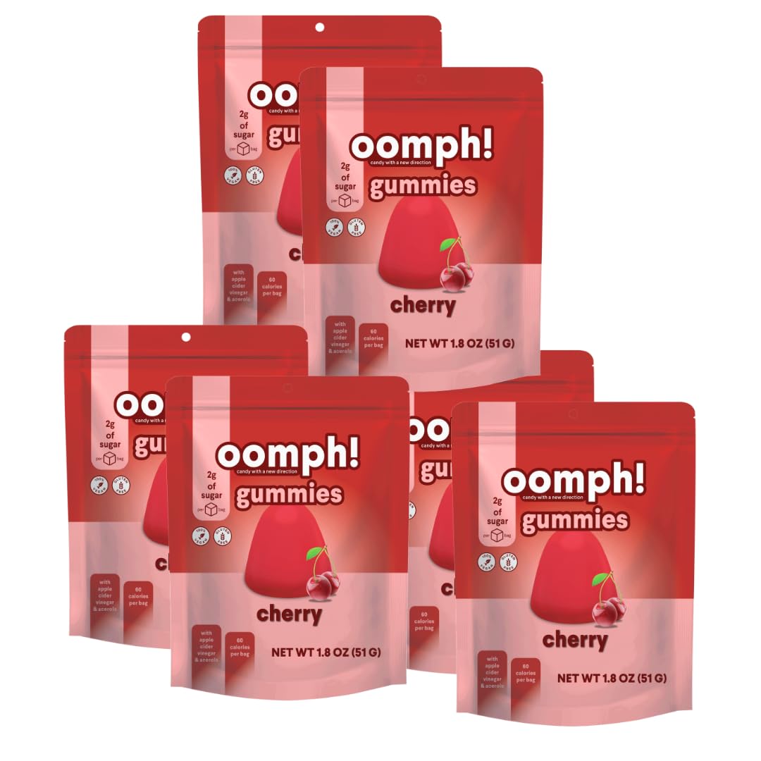 Oomph! Sweets High Fiber Gummies, Anti Bloating Gut Cleansing Alternative to Fiber Supplements, Low Sugar Low Carb Low Calorie Skinny Chewable Candies (Cherry 6-Pack x 14 pc per 1.8 oz bag)