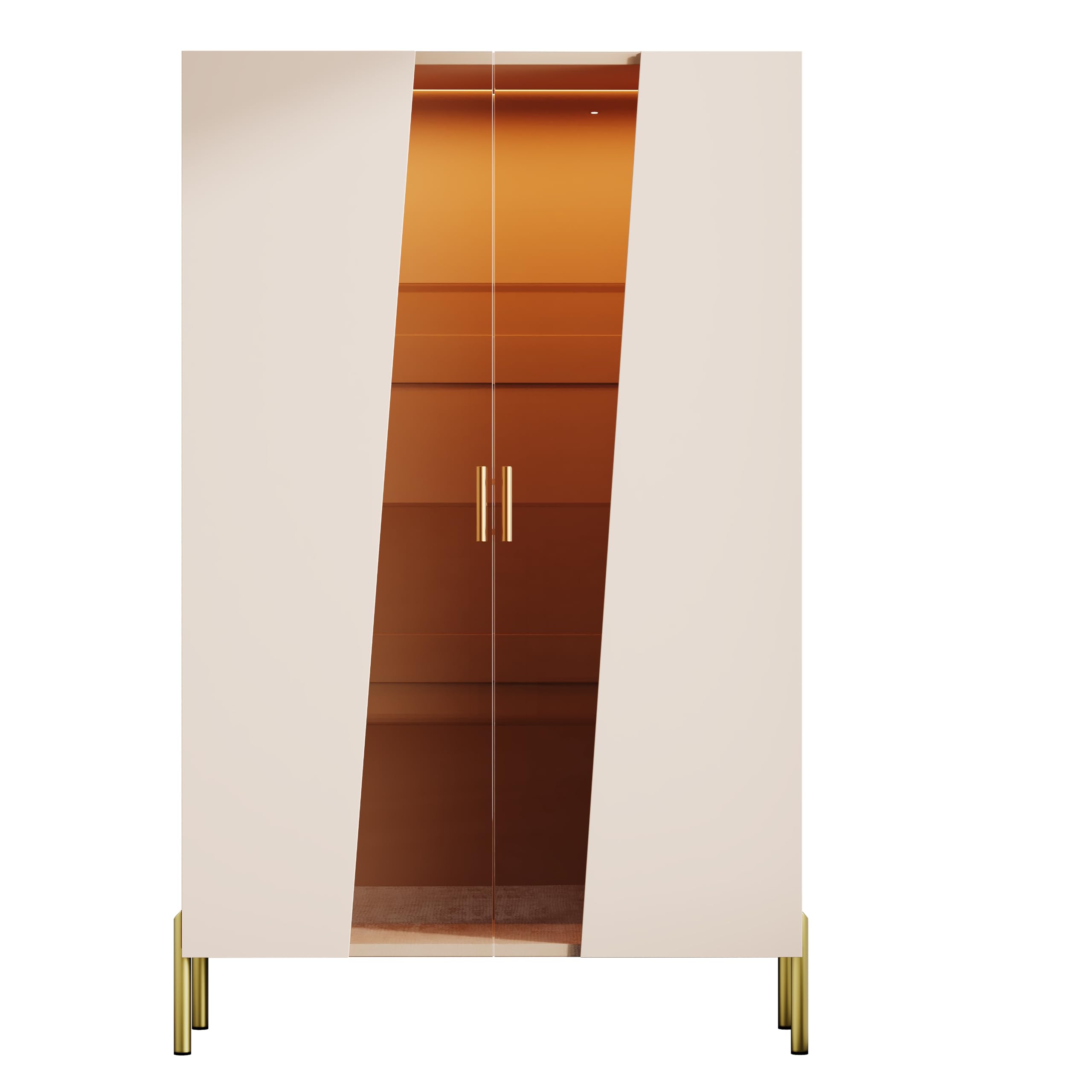 Armadio in vetro con anta asimmetrica in vetro temprato, 3 ripiani in vetro, maniglia in metallo e piedini in metallo, come vetrina per sala da pranzo, libreria, colore: beige