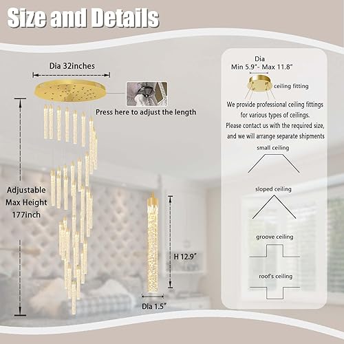 Miniatura 6 de Candelabros de cristal dorado de 38 luces Escalera alta Montaje empotrado Lámparas de techo Columna de burbujas Lámparas colgantes Moderno techo