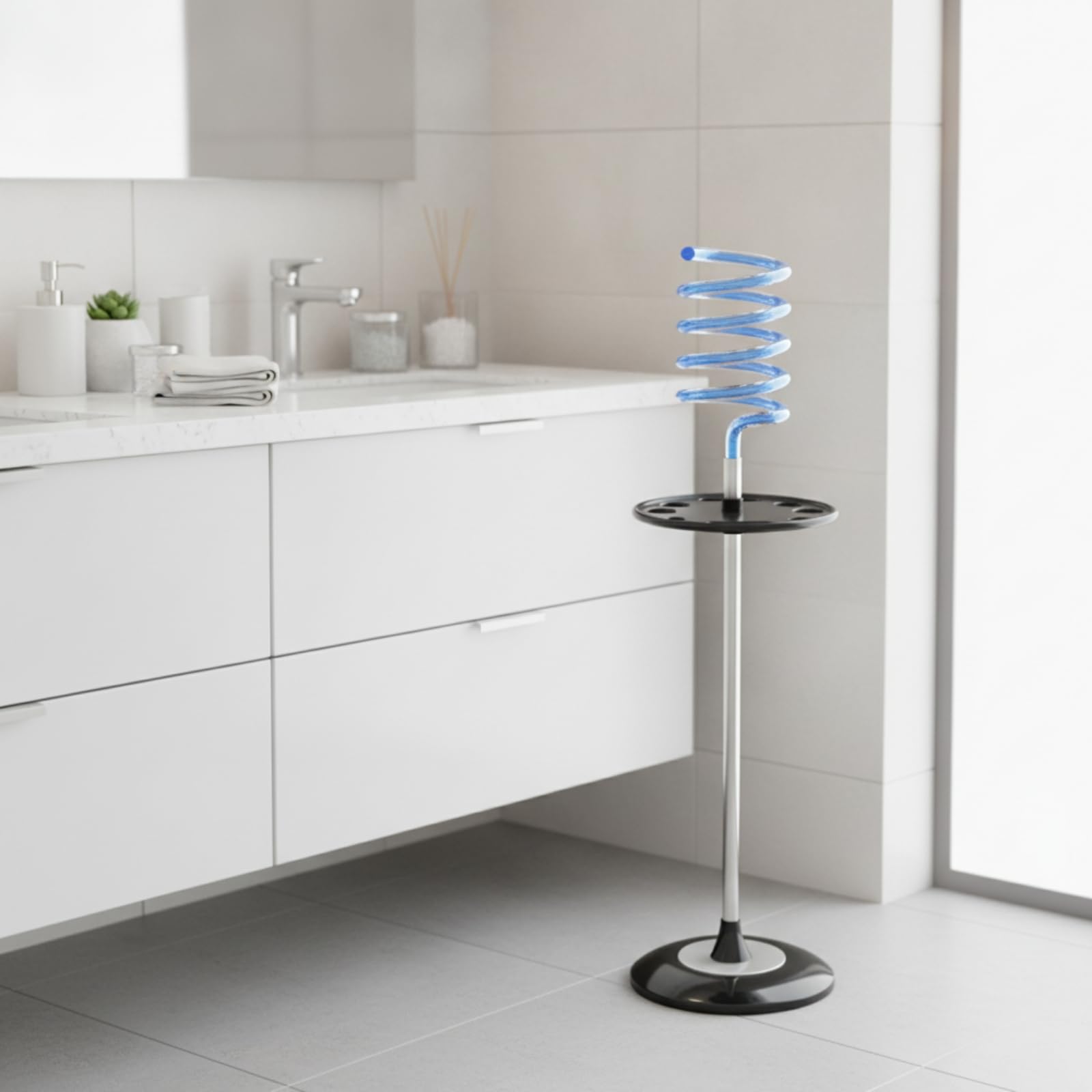 TISHITA Soporte Secador de Pelo Soporte Organizador Montaje de Suelo Soporte de Pie Estructura Estable Soporte en Espiral con Ranuras para Accesorios Adecuado , Azul