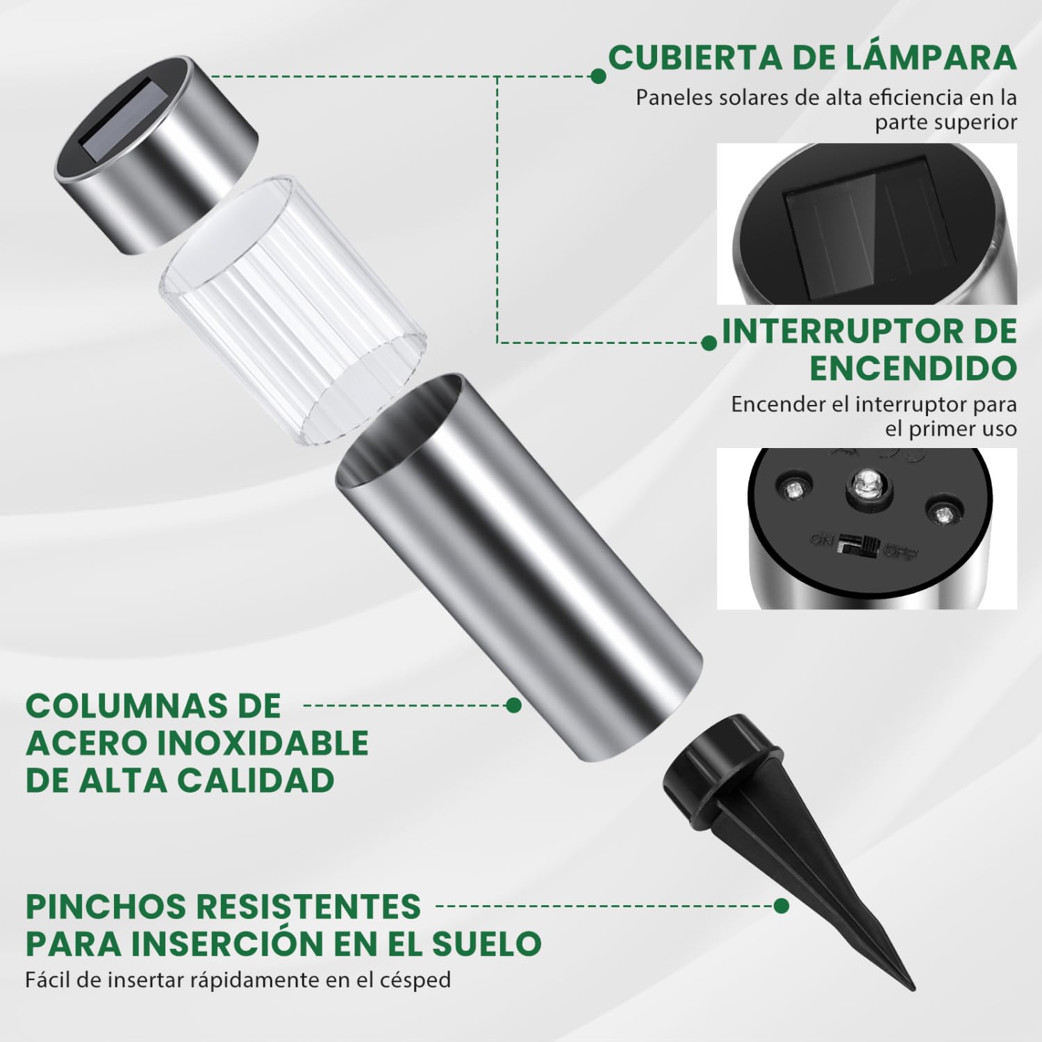 Aigostar 12Uds Luces Solares Jardin Pincho, Acero Inoxidable, IP44, Luz Fría 6500K, Luz Solar Exterior Jardin para Terraza Césped Patio Pasillo H31.5cm