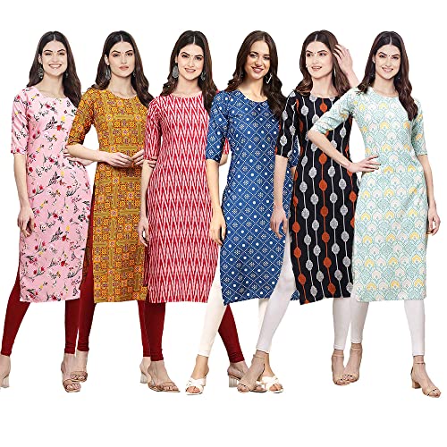 Image of Pinkmint Women's Crepe Digital Print Straight Kurta [Pack of 6] (CKE-329-353-330-333-341-343)