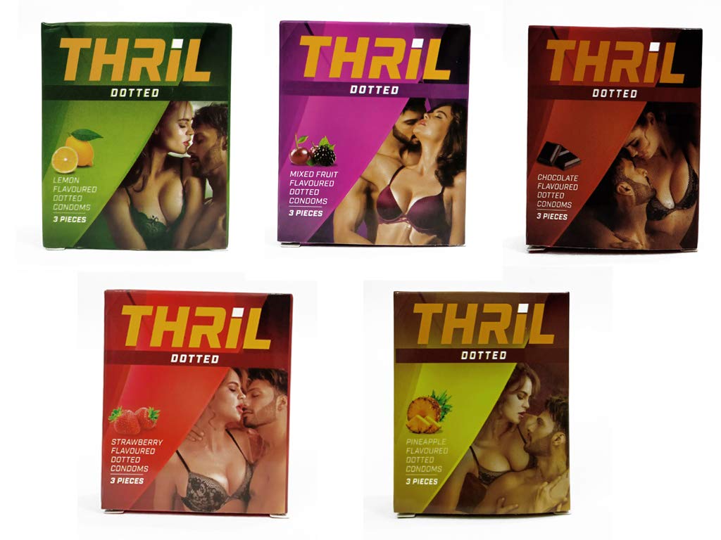 Thril Dotted Condoms Combo With 5 Flavour | Chocolate | Strawberry | Mix Fruit | Pineapple | Lemon | Pack of 5| 15 Condoms