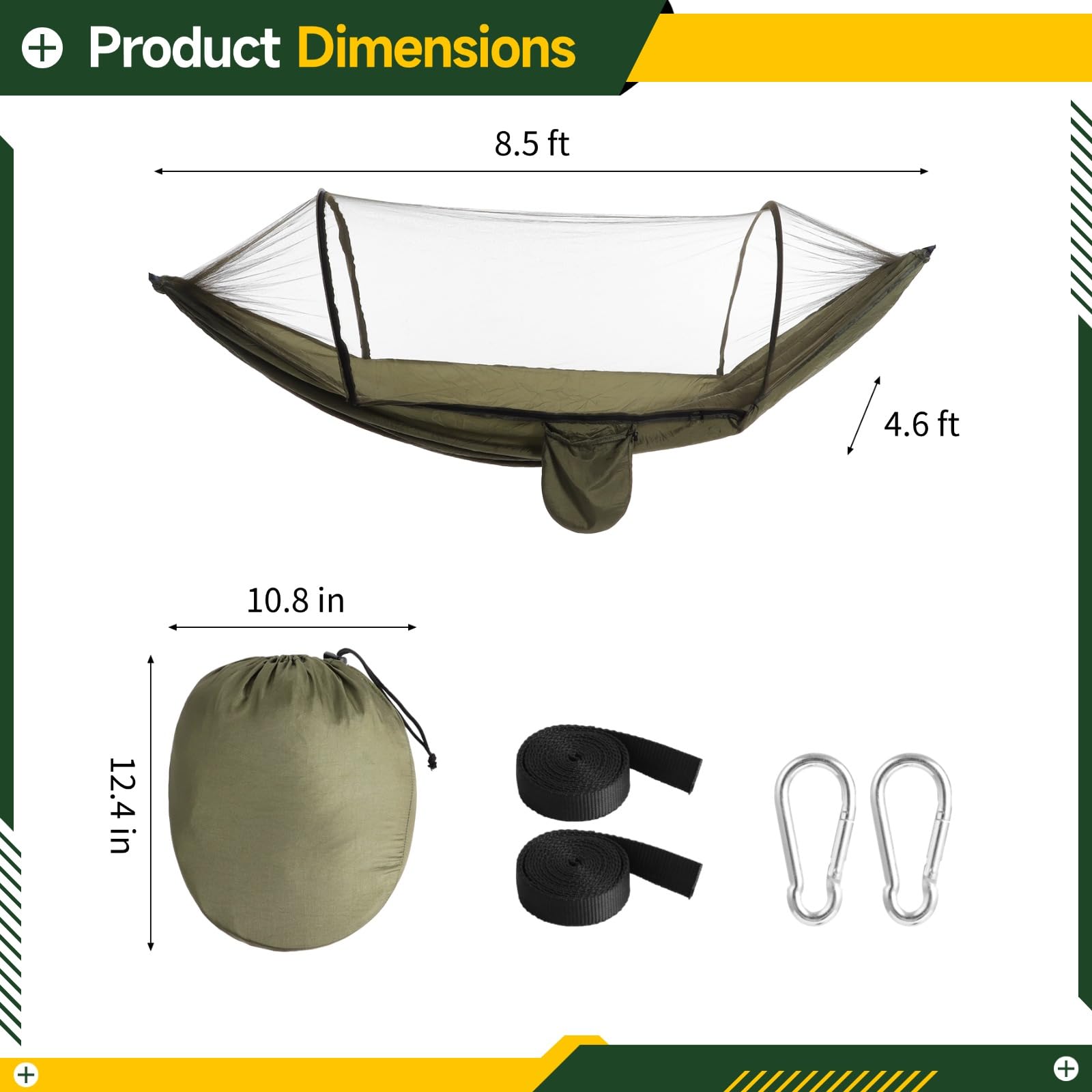 Amaca da campeggio con zanzariera, portatile, installazione rapida, 2,6 x 1,4 m, amaca altalena per campeggio all'aperto, escursionismo, viaggi, include moschettoni e cinghie per alberi