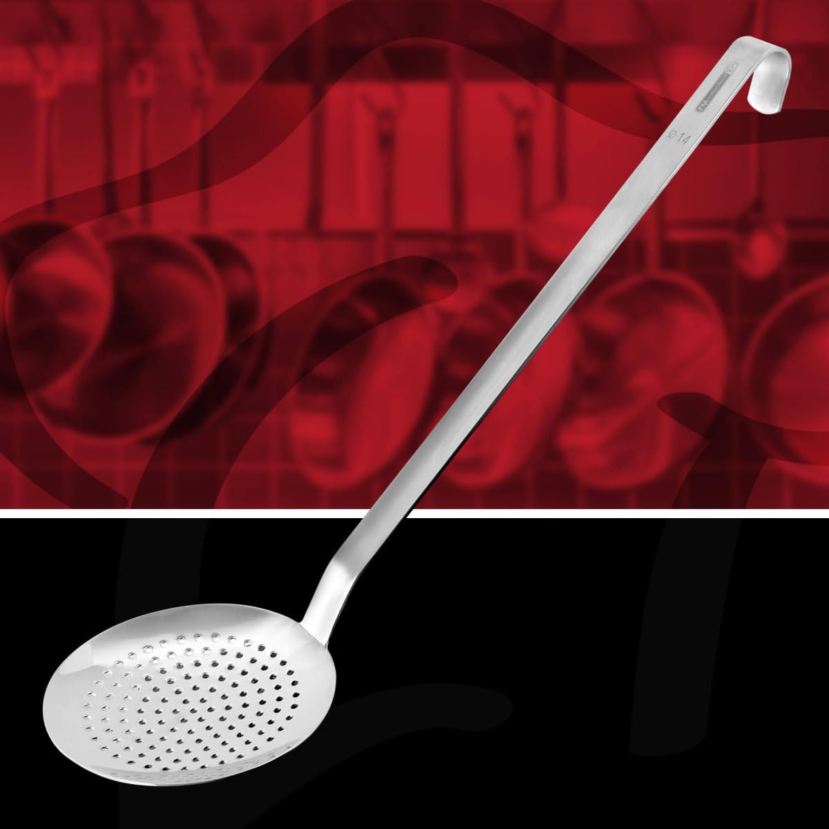 FMprofessional Abseihlöffel 50 cm, Küchenhelfer aus Edelstahl, langlebiger & eleganter Schaumlöffel (Farbe: Silber) Menge: 1 Stück