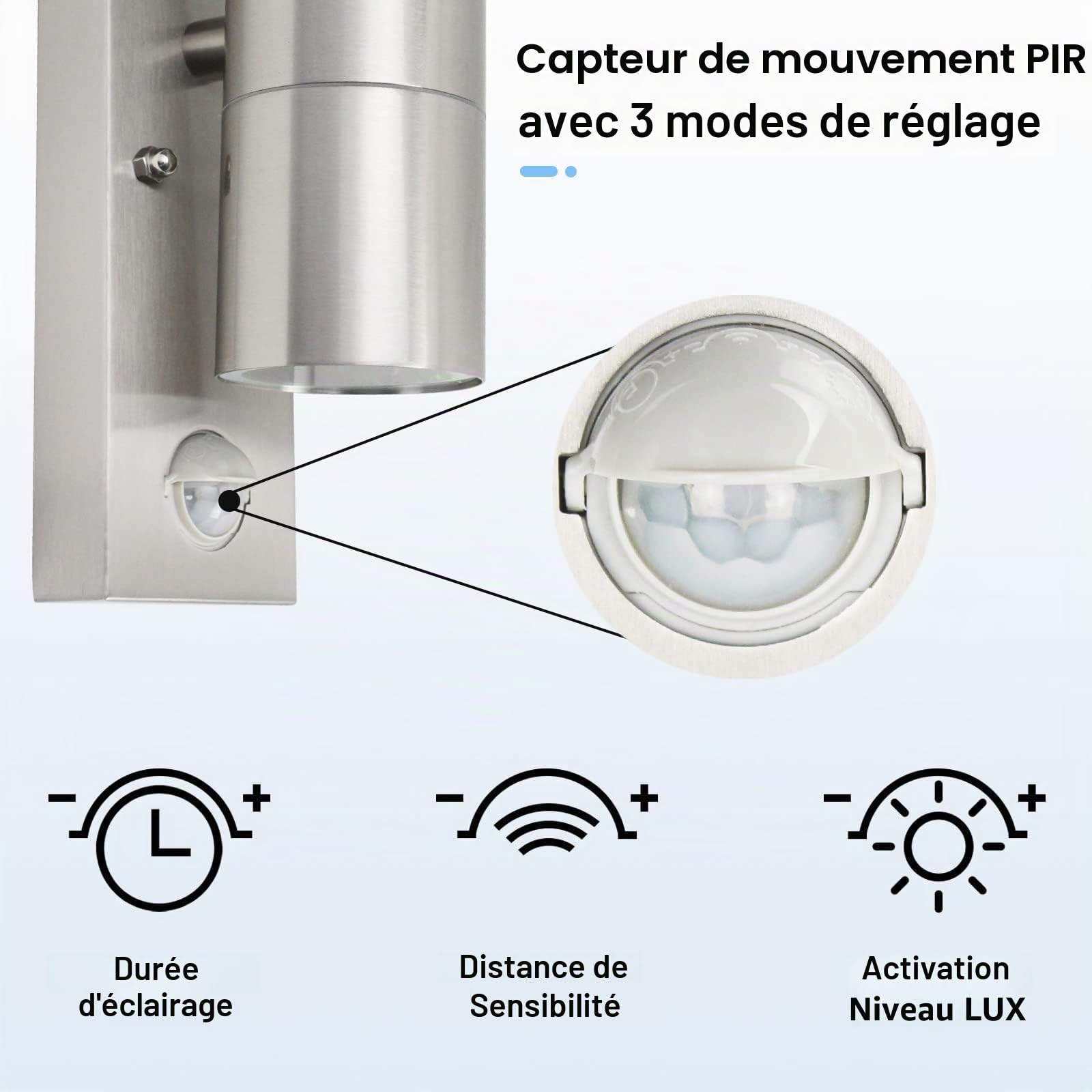 Applique murale d'extérieur avec détecteur de mouvement PIR LED IP44 en acier inoxydable avec 2 ampoules GU10 5 W Blanc chaud