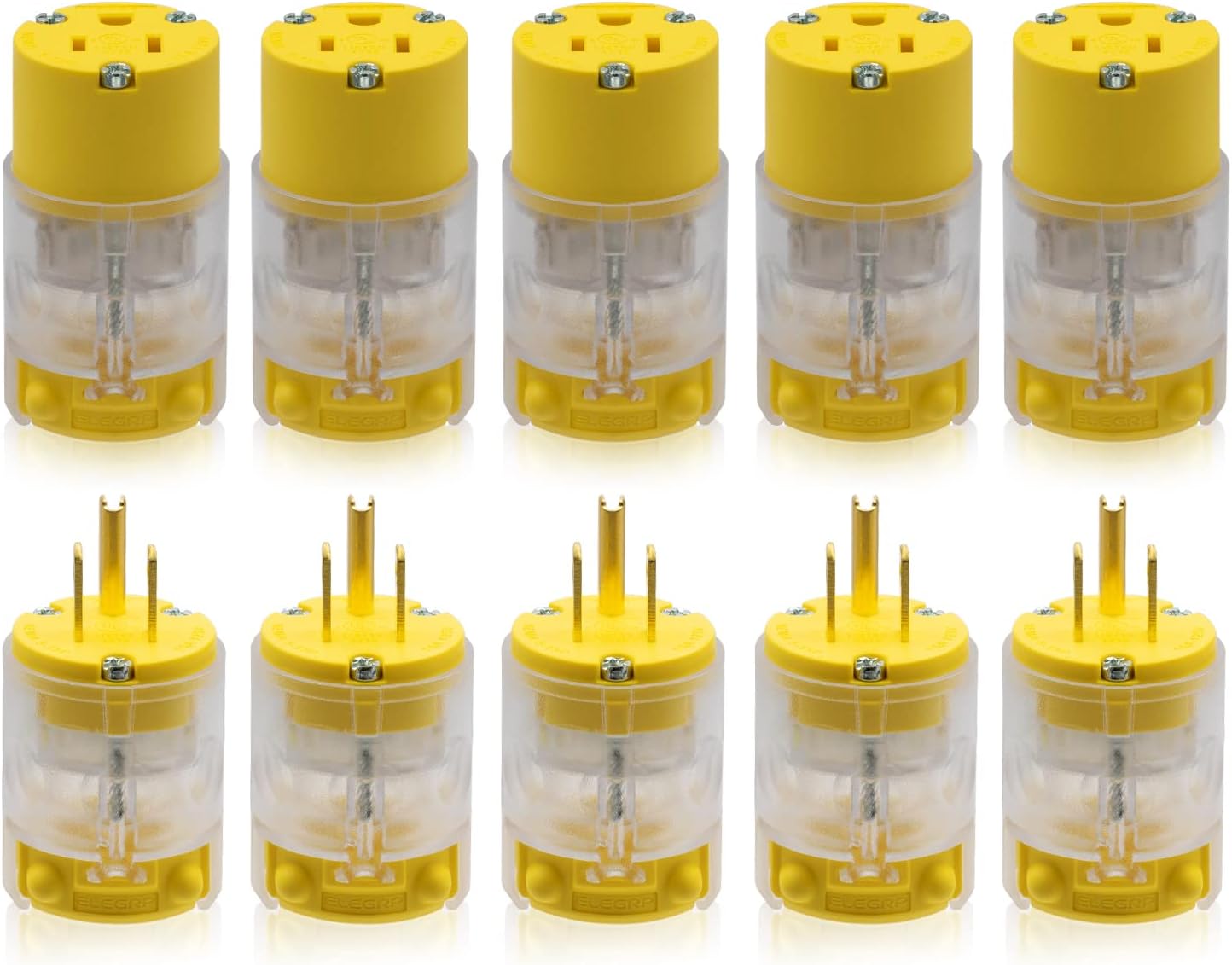 ELEGRP Lighted Straight Blade Electrical Plug and Connector Set 15 Amp 125 Volt NEMA 5-15P NEMA 5-15R 2 Pole 3 Wire Grounding, Commercial Grade, Yellow, 5 Set