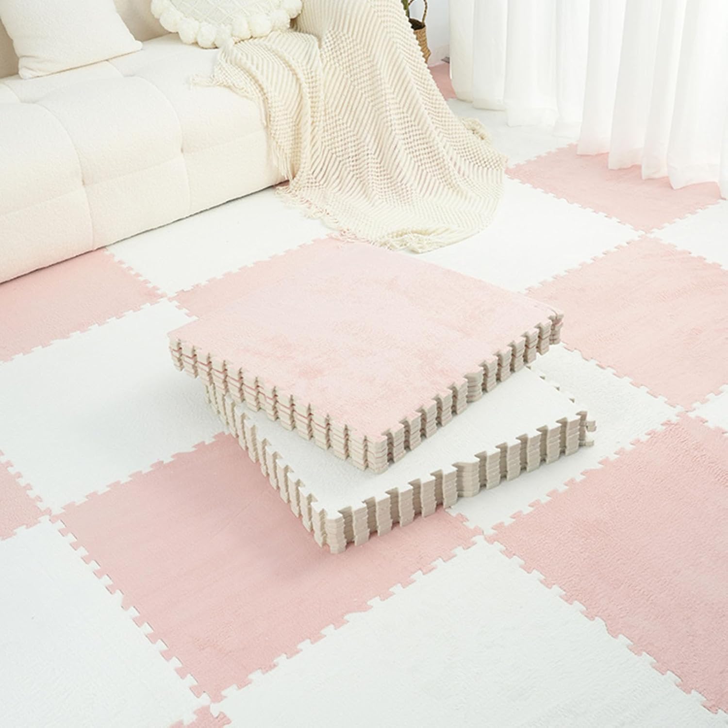LoiYtrd Plush Interlocking Carpet Tiles - Fluffy Puzzle Foam Floor Mat - 10pcs 12x12in Foam Floor Tiles Soft Playmat(White+pink,30x30x1cm)