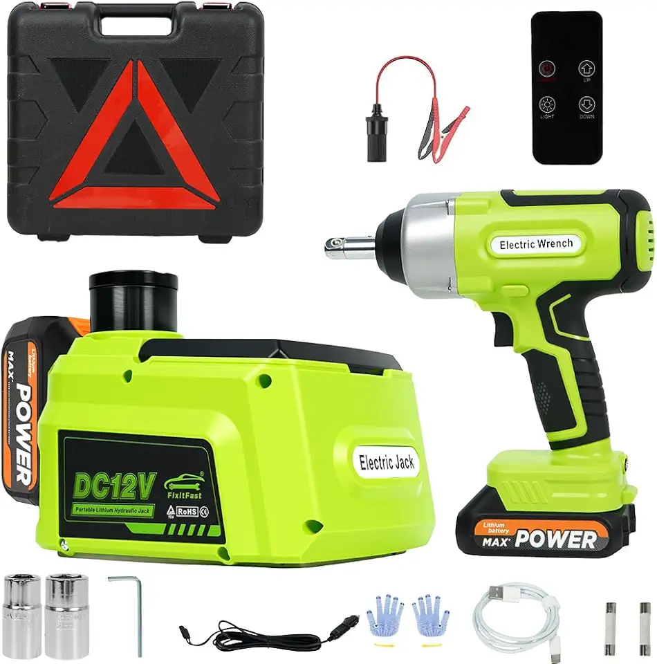 FINYQBET Kit de Macaco Elétrico 21V 5 Toneladas, Hidráulico, Sem Fio, com Controle Remoto 100m, Chave de Impacto 420 N.m - Levantamento Rápido, Macaco Hidráulico para Carros, SUVs e MPVs