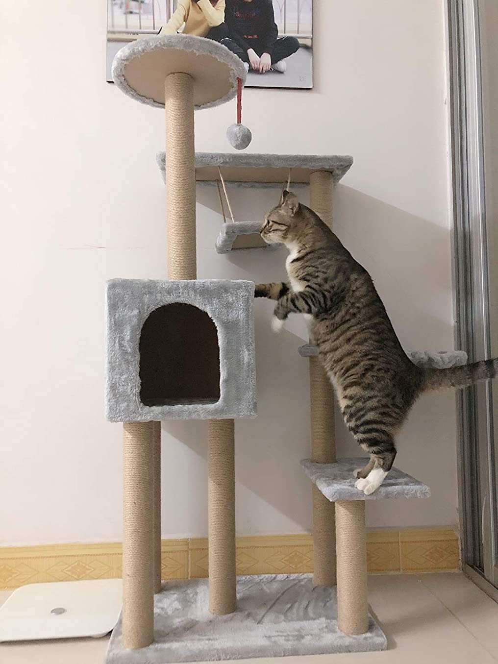 Tiragraffi con tiragraffi Rivestito in sisal, Centro attività per Gattini in Piedi con condominio, Amaca Morbida e Palla penzolante (51,2 Pollici)