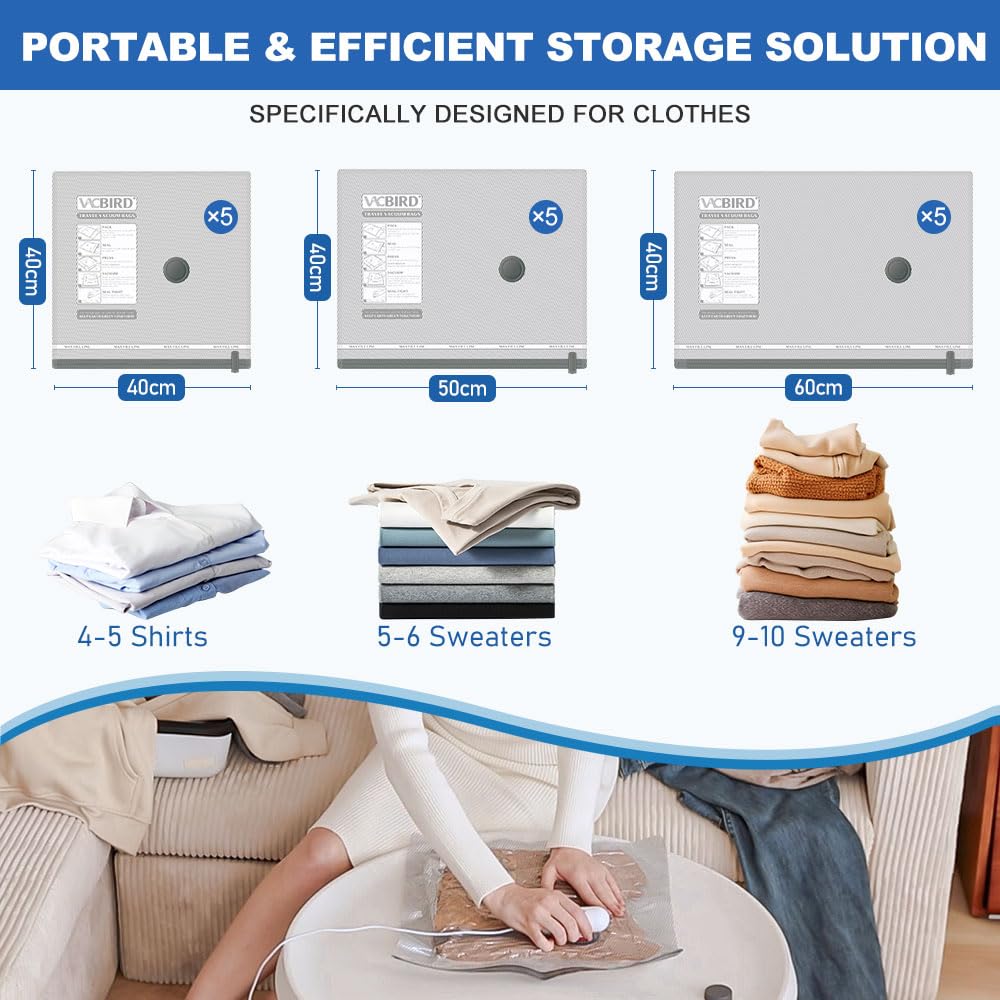 Vacbird Vacuum Storage Bags with Electric Pumps, Vacuum Bags for Travel Luggage and Clothing,15 Pack, White, Electric pump + 15 bags - Image 2