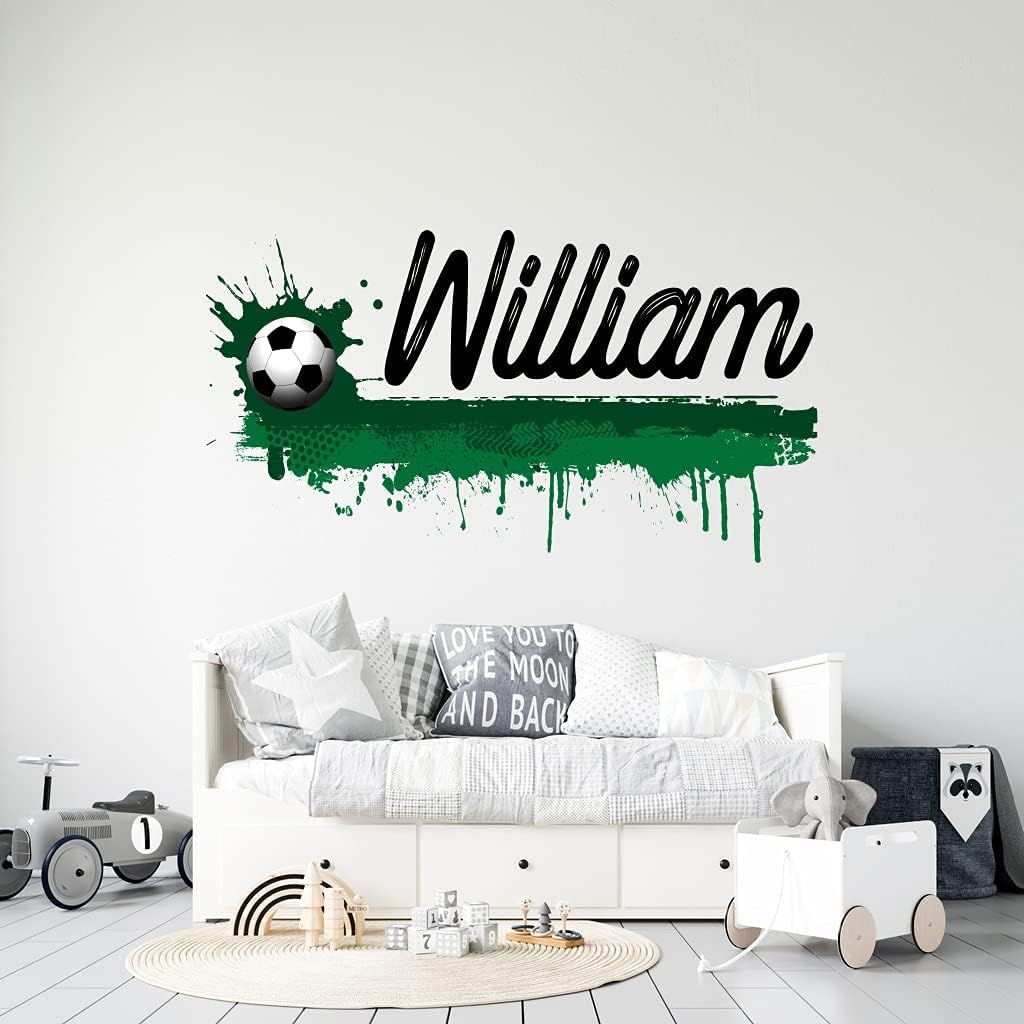 Personalized Soccer Name Wall Decal - Custom Name Soccer Ball for Kids Room - Nursery Sports Wall Art Peel & Stick with Paint Effect Decals - Vinyl Decal for Home Nursery Decor (Wide 40"x23" Height)