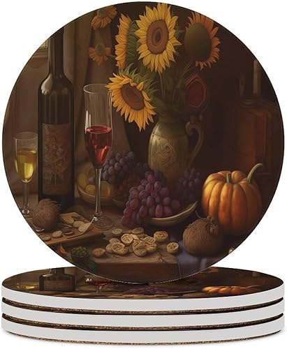 Miniatura 34 de Round-4 posavasos de cerámica para vino tinto, posavasos redondos absorbentes para bebidas, estilo vintage de madera, vino tinto, uvas, frutas y