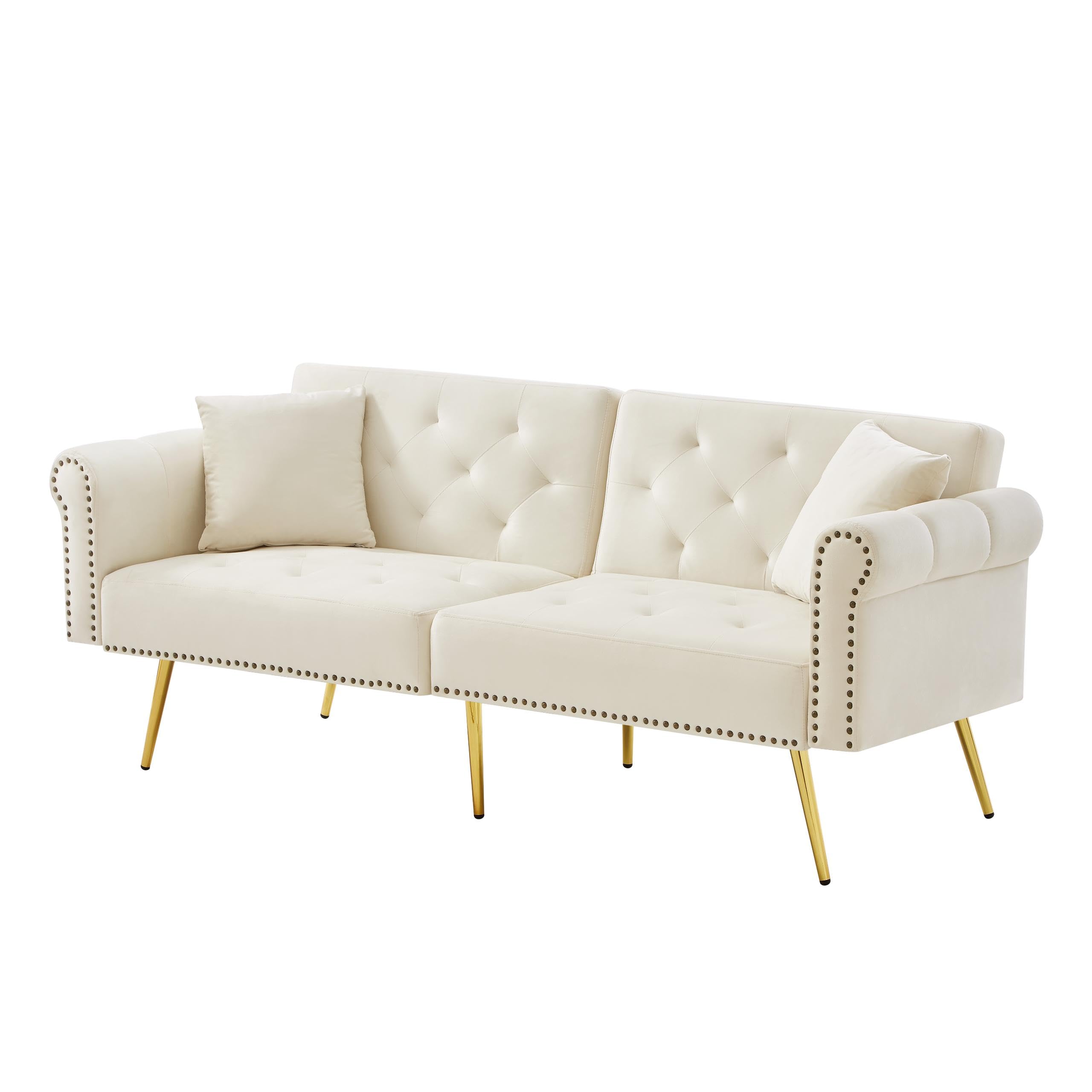 Sofá cama moderno de 2 plazas, tapizado en terciopelo, respaldo ajustable en 3 niveles y patas de metal doradas, elegante sofá con función de dormir, ahorra espacio, resistente, 173 x 75 x 70 cm