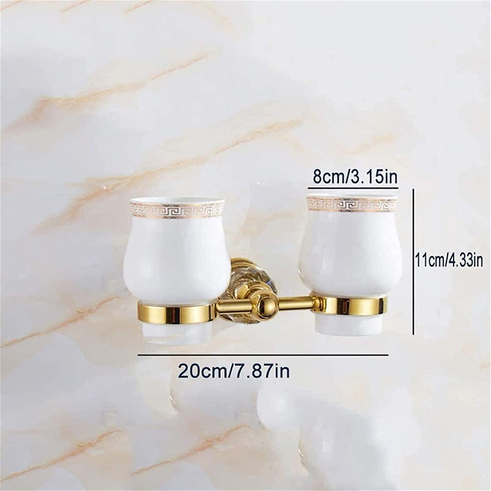 Juego de portavasos doble para cepillo de dientes, portavasos para cepillo de dientes de montaje en pared, accesorios de baño dorados, decoración con 2 tazas de cerámica de cristal, accesorios de bañ