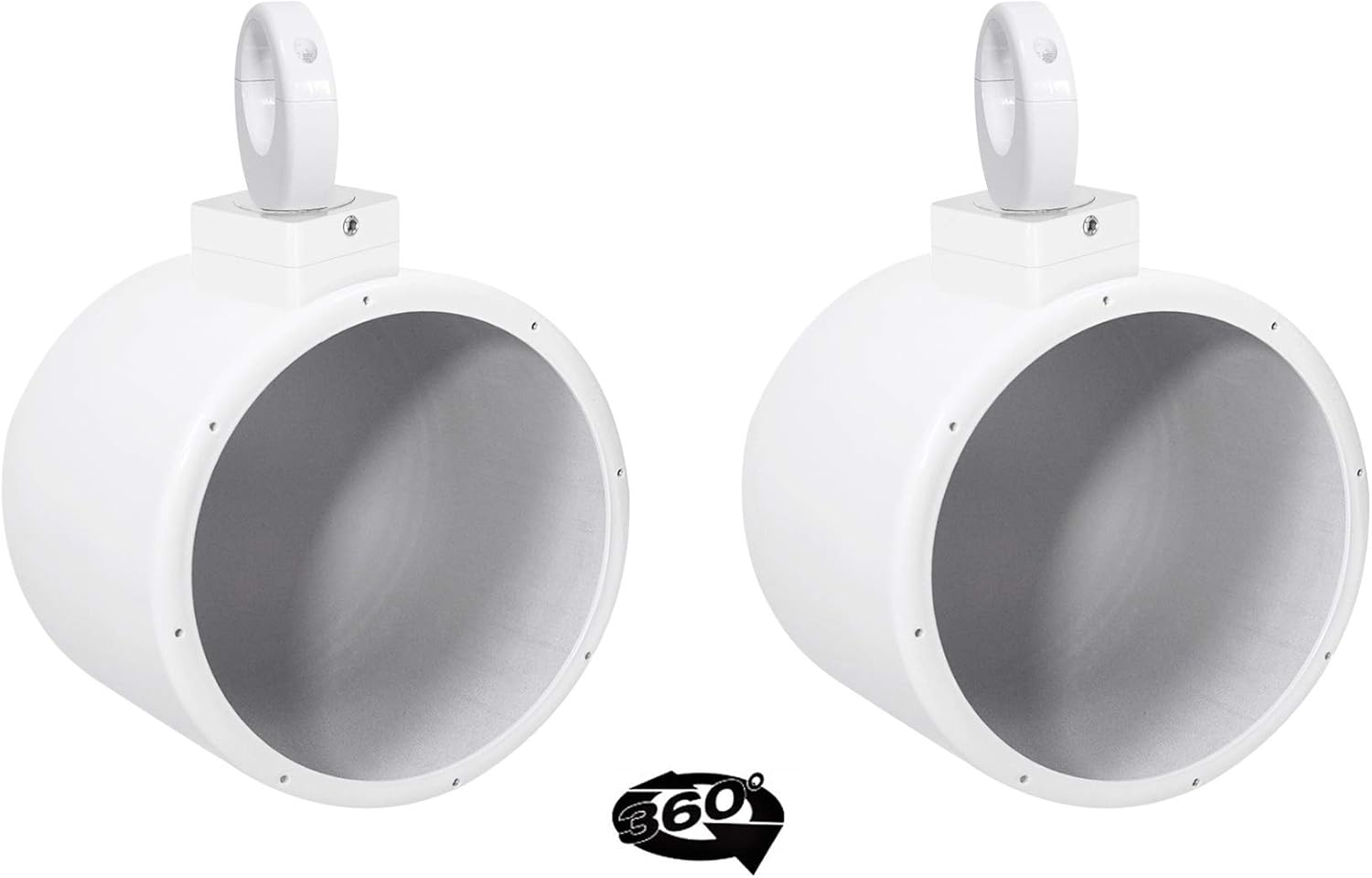 Rockville MAC80W Bundle: (2) White Aluminum 7.7 in Wakeboard Tower Speaker Pod Enclosures, (2) MAC360W 360 Swivel Surface or Tower Mount Clamps, 4-Items