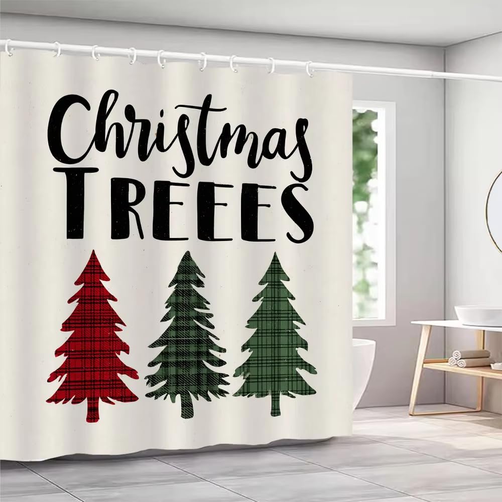 Cortina de Ducha con Diseño de Árbol de Navidad,A Cuadros Rojos y Verdes,Ideal para Decorar El Baño En Navidad. Fácil de Instalar y Lavable A Máquina. 200An X 200Al Cm (1 Paneles).