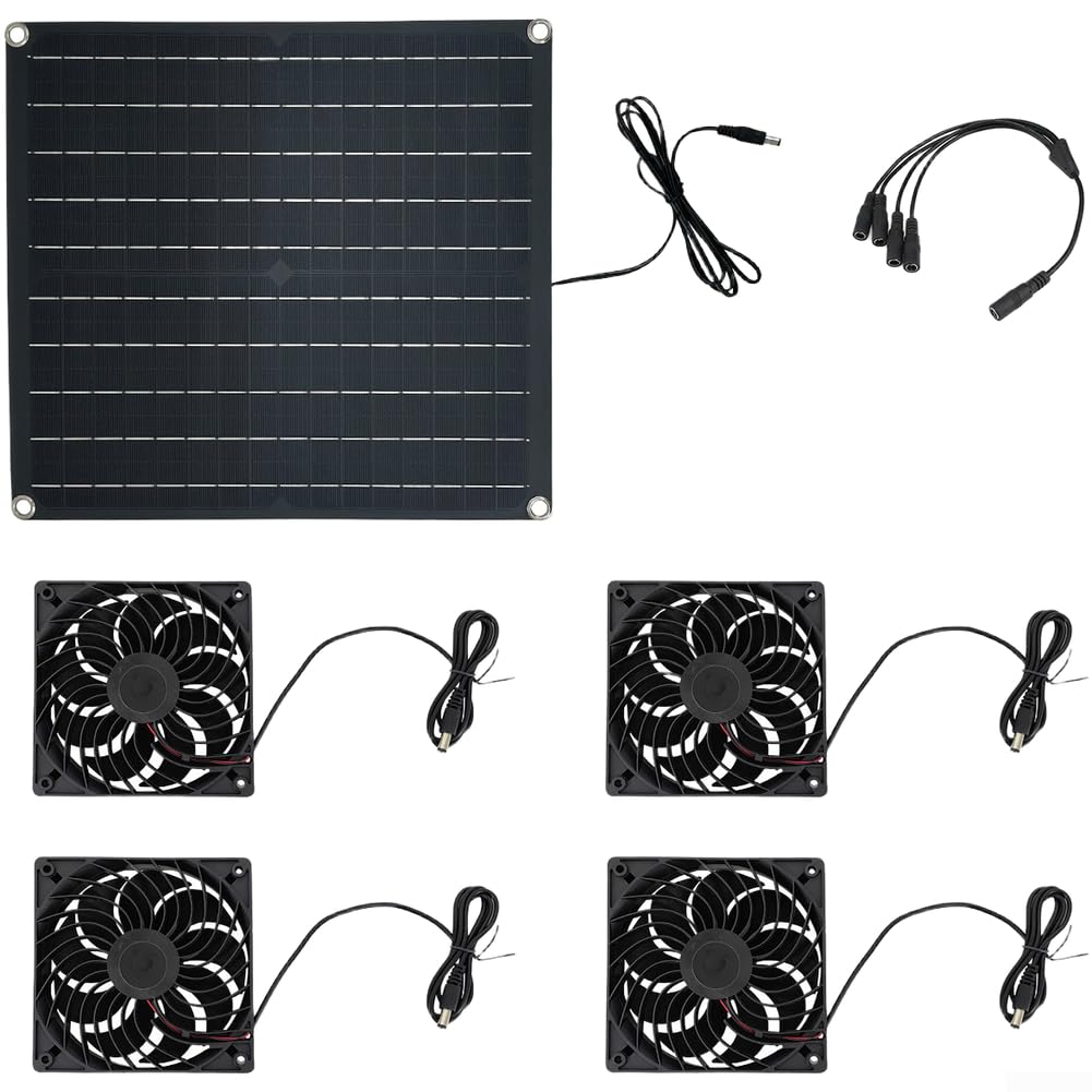 Posheliox Solar Exhaust Fan,25W Solar Powered Ventilation Kit with 4 High-Speed Fans,IP65 Waterproof for RVs,Greenhouses,Pet Houses,Chicken Coops