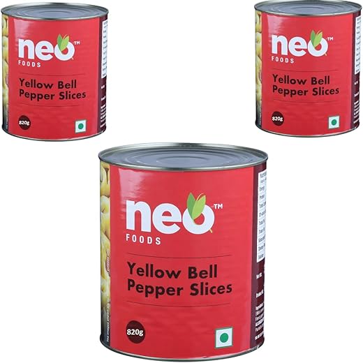 Neo Sliced Yellow Capsicum 820g Tin I P3 I Yellow Bell Pepper I Ready-to-Eat Fibre-Rich Topping for Snacks and Salads I Enjoy as topping for Pizza, Salad, Burger and Sandwich (Pack of 3)