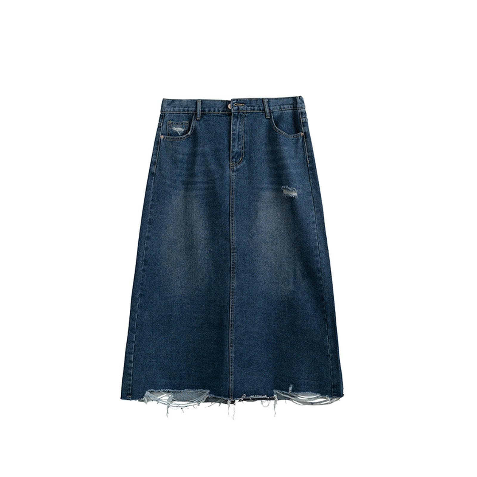 Ropa de Mujer de Talla Grande de Primavera Falda Vaquera Rasgada para niñas gordas - Azul - 2XL