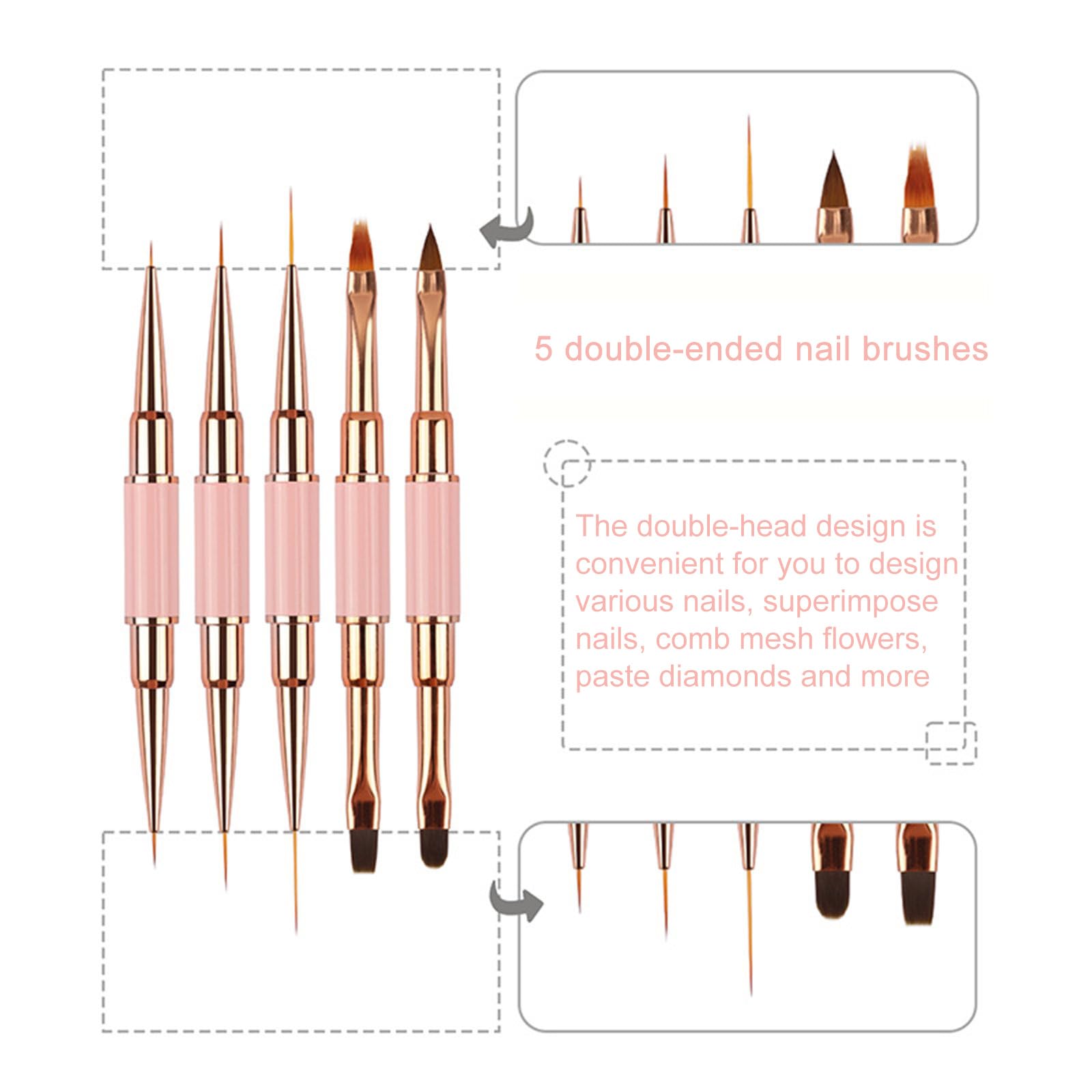 5 pennelli bifacciali per nail art, pratici pennelli per nail art, penne per nail art, pennelli per linee lunghe