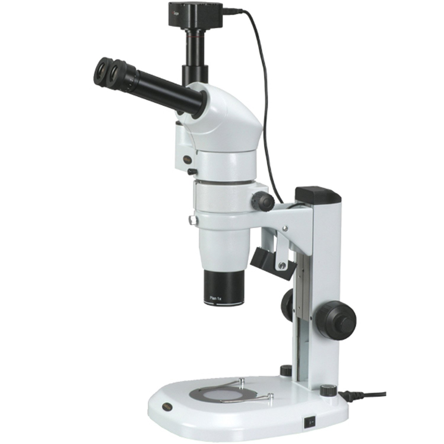 AmScope PM240T-10MA Digital Trinocular Common Main Objective Stereo Zoom Microscope, WH10x Eyepieces, 8X-80X Magnification, 0.8X-8X Zoom Objective, Pillar Stand, 100V-240V, Includes 10.7MP Camera with Reduction Lens and Software