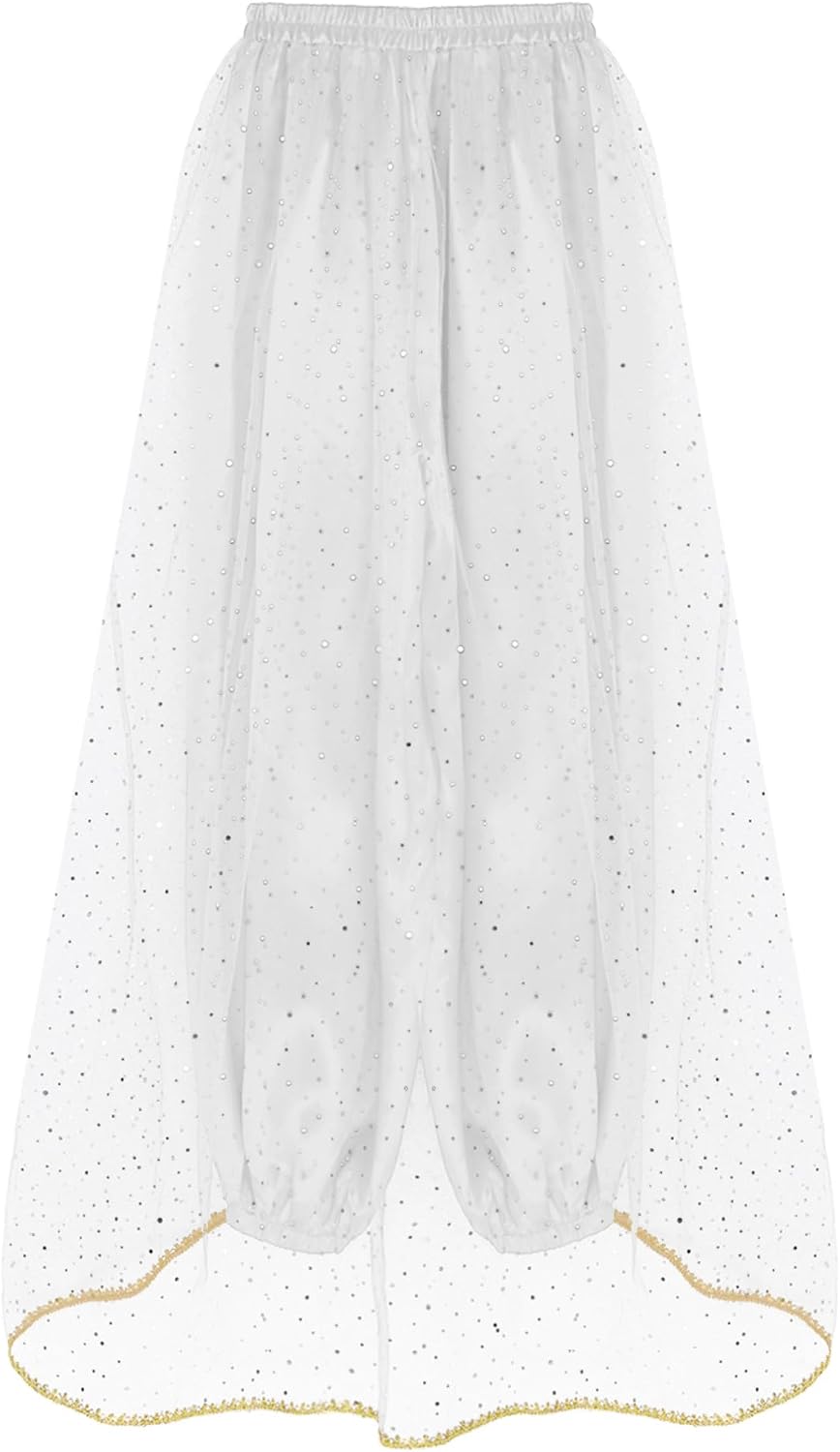 ranrann Belly Dance Pants for Women Indian Dance Gold Trim Sequined Skirted Bloomers Trousers