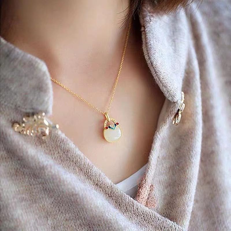 14K Gold Real Natural Jade Enamel Fortune Bag Necklace, Unique Vintage Style Jade Pendant, Delicate Jade Jewelry Gift for Wife's Prosperity3