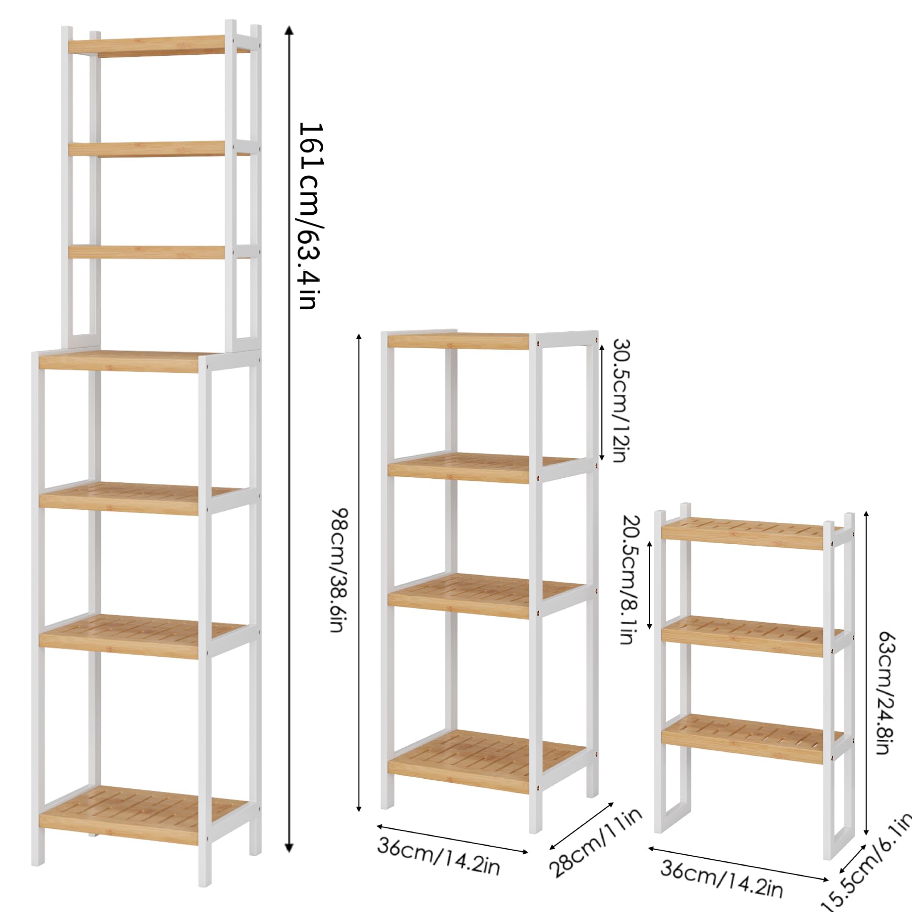 FOREHILL Estantería Baño de 7 Niveles de Bambú, Estantería Estrecha | Estantería Esquinera, Estantería de Almacenamiento, para Cocina,Sala de Estar,Dormitorio,Pasillo Blanco y natural 36x28x161cm