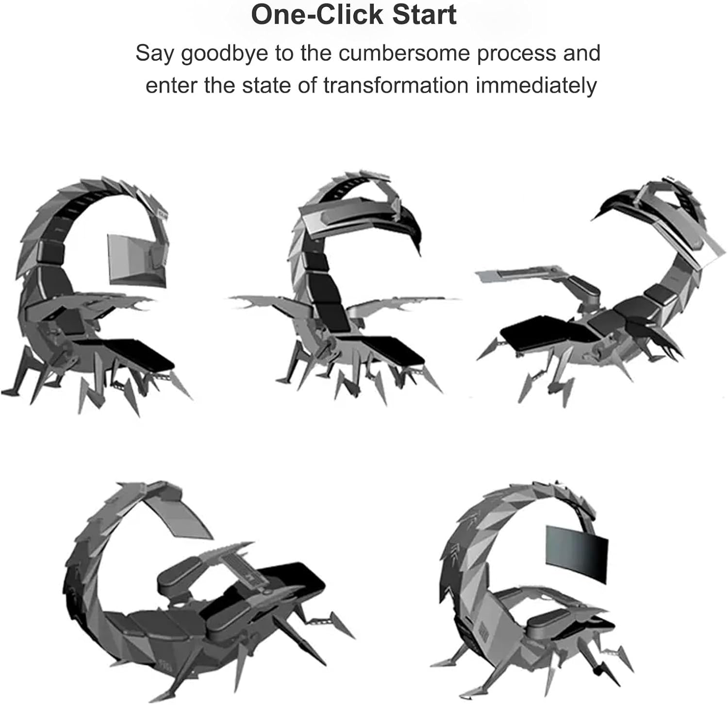 Series of images showing the Scorpion Game Chair transforming into different ergonomic postures, from upright to reclined.