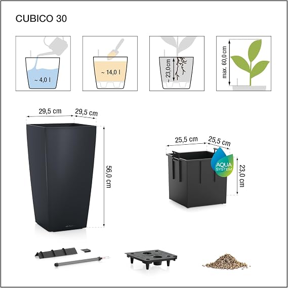 Lechuza CUBICO Cottage 30 Granite, Self-Watering Tall Planter, H22 L11.8 W11.8 in