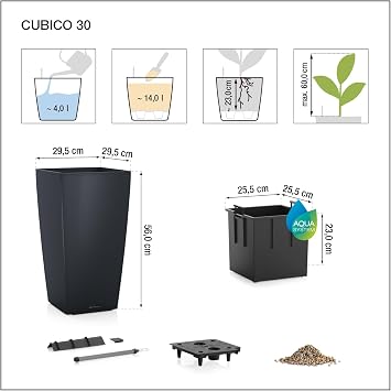 Lechuza CUBICO Cottage 30 Granite, Self-Watering Tall Planter, H22 L11.8 W11.8 in