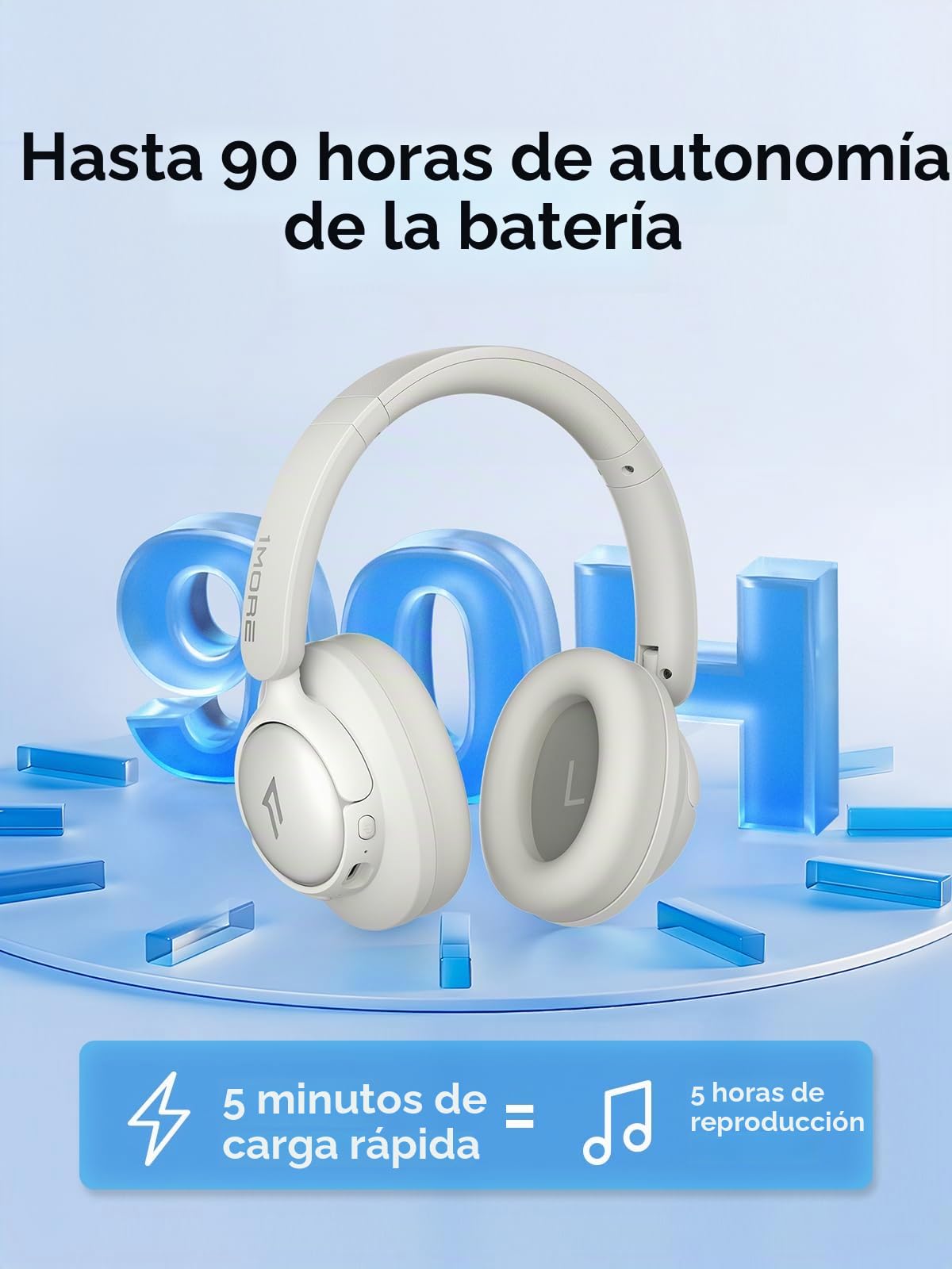 1MORE HQ31 Cascos Inalambricos Bluetooth, Auriculares Cancelación de Ruido Activa Híbrida, Hi-Res Audio, 90 Horas de Reproducción, Personalización vía App, Llamadas Claras, Cómodos y Plegables