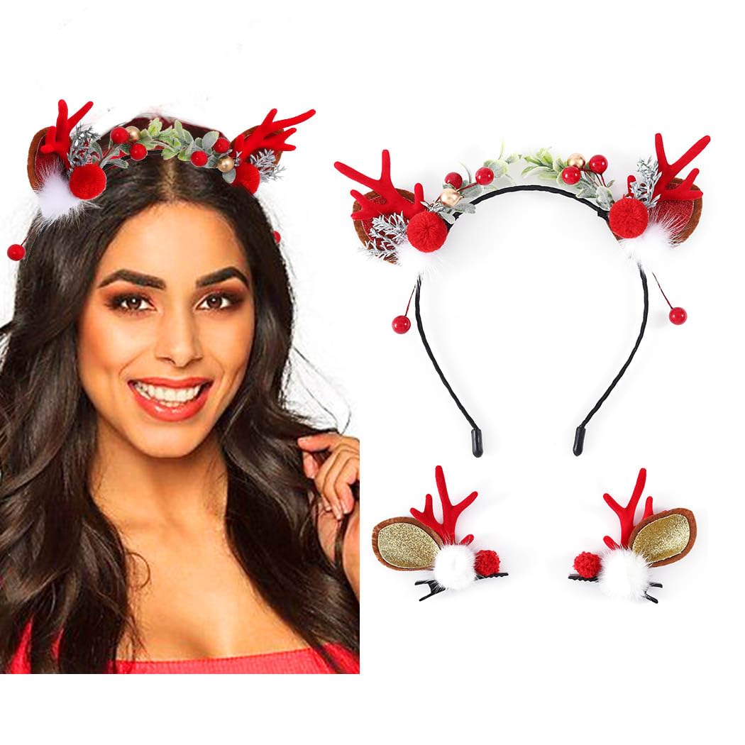 IYOU Navidad Diadema Juego Clips Reno Rojo Cornamenta Cinta para el pelo Bayas Pine Cone Clips para el pelo Festival Navideñas Sombreros Accesorios para el cabello para Niños Adultos