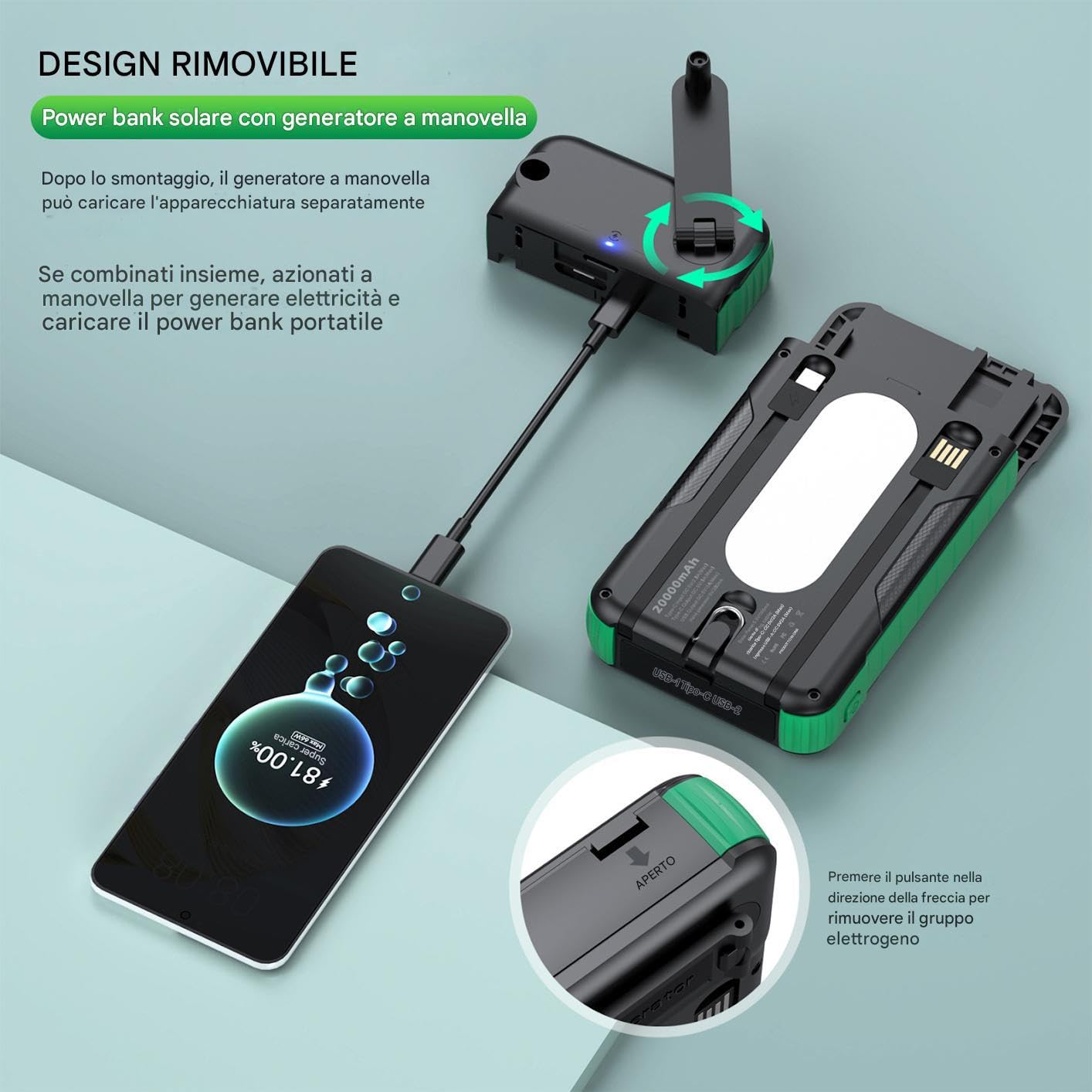 Caricatore Solare Telefonico Batteria da 20000mAh per Sopravvivenza | Power Bank Solare con Manovella Per Smartphone, Fotocamera, Tablet, Campeggio, Escursionismo E Zaino In Spalla