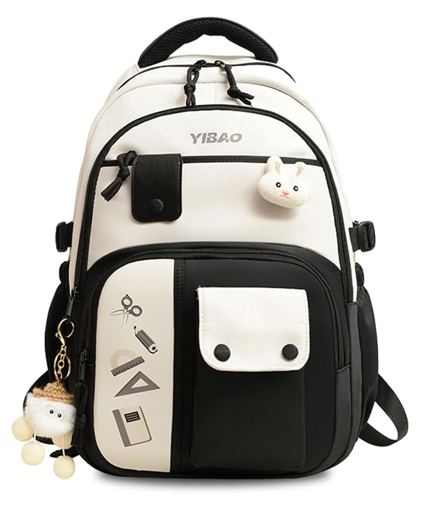Cute School Backpack for Girls – Stylish Pink & White Large Capacity Bookbag with Plush Keychain, Multiple Pockets, Lightweight Travel & College Bag-image-33