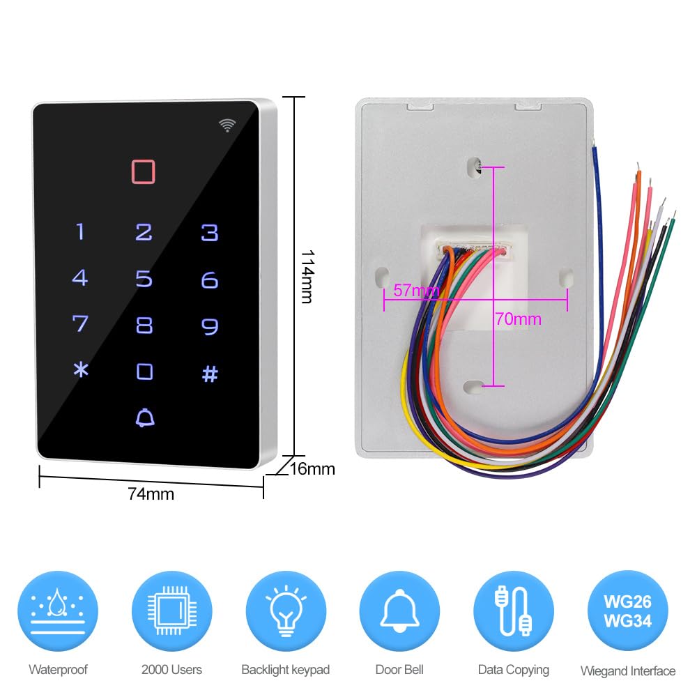 Système de contrôle d'accès Wi-Fi graffiti pour 2000 utilisateurs, clavier RFID tactile entièrement étanche, alimentation DC 12 V/3 A, bouton de sortie, 10 étiquettes de clé 125 kHz (sans verrouillage