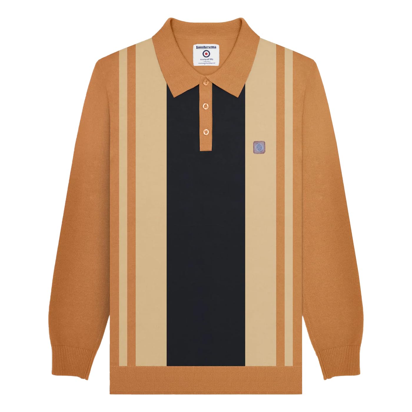 Lambretta Mens Vintage Panel Long Sleeve Mod Polo Shirt Top - Tobacco - 3XL