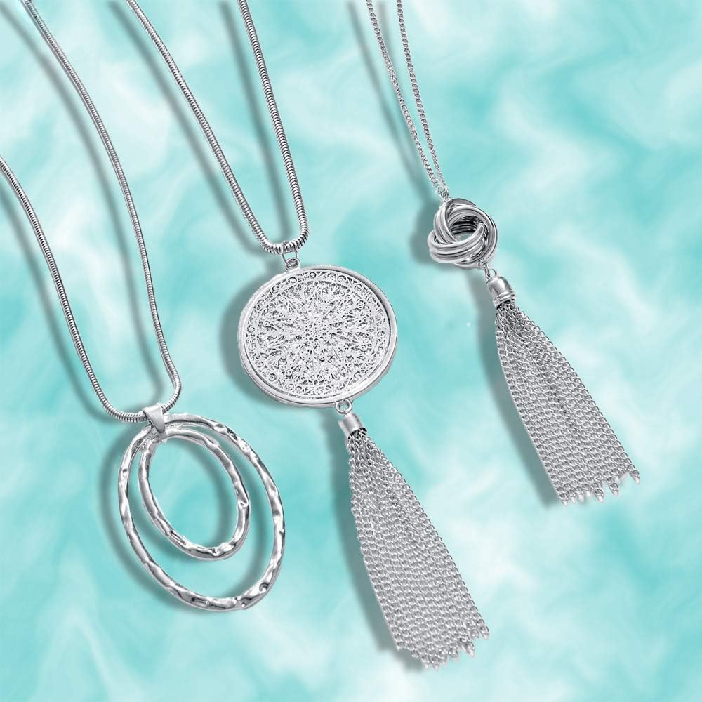 SEVENSTONE 3PCS Long Pendant Necklaces for Women Knot Disk Circle Tassel Statement Sweater Necklace Set image 3