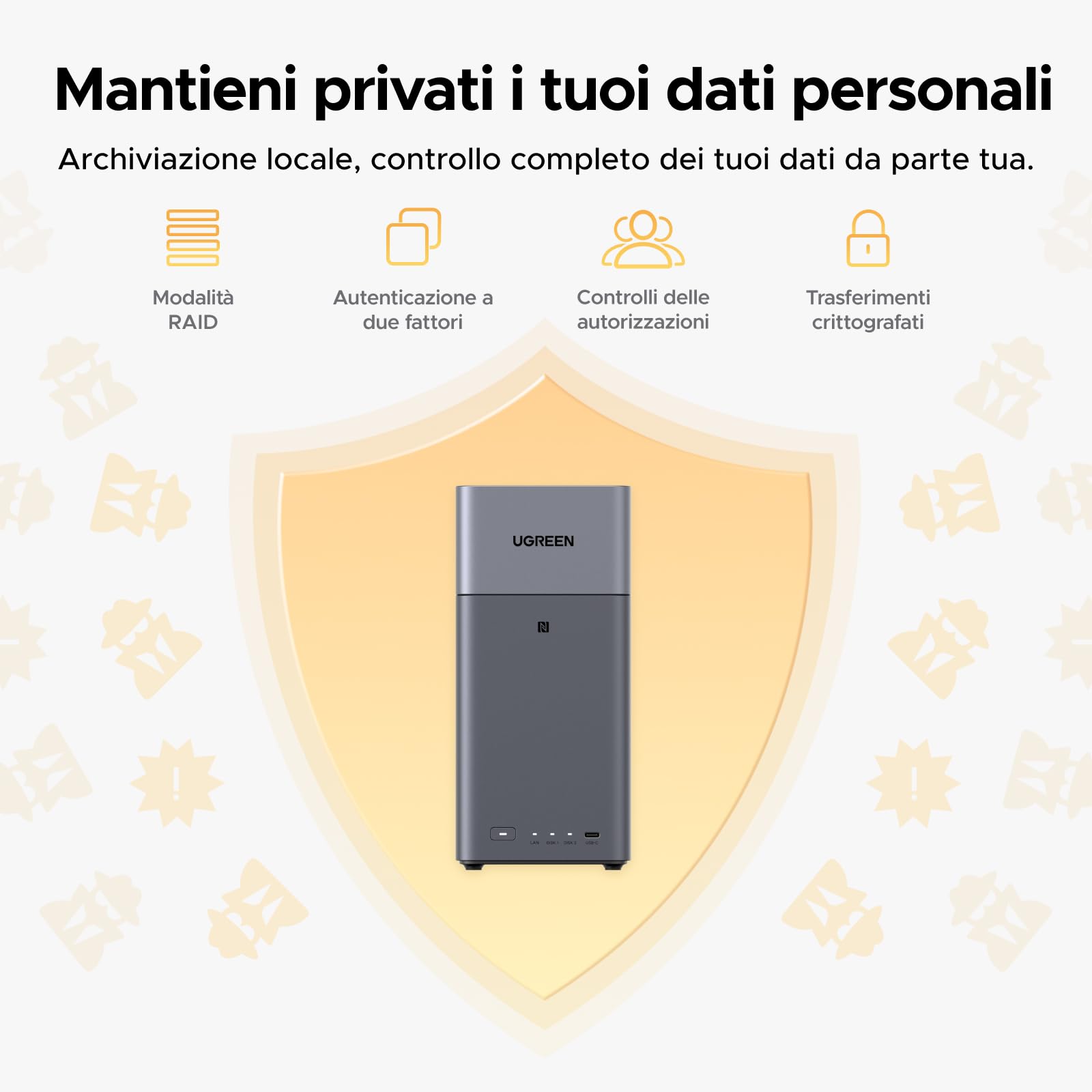 UGREEN NASync DH2300 NAS desktop a 2 alloggiamenti, LAN 1 GbE, 4 GB RAM, connessione NFC One-Touch, album fotografico AI, sistema NAS facile da usare per casa e ufficio (Senza disco)