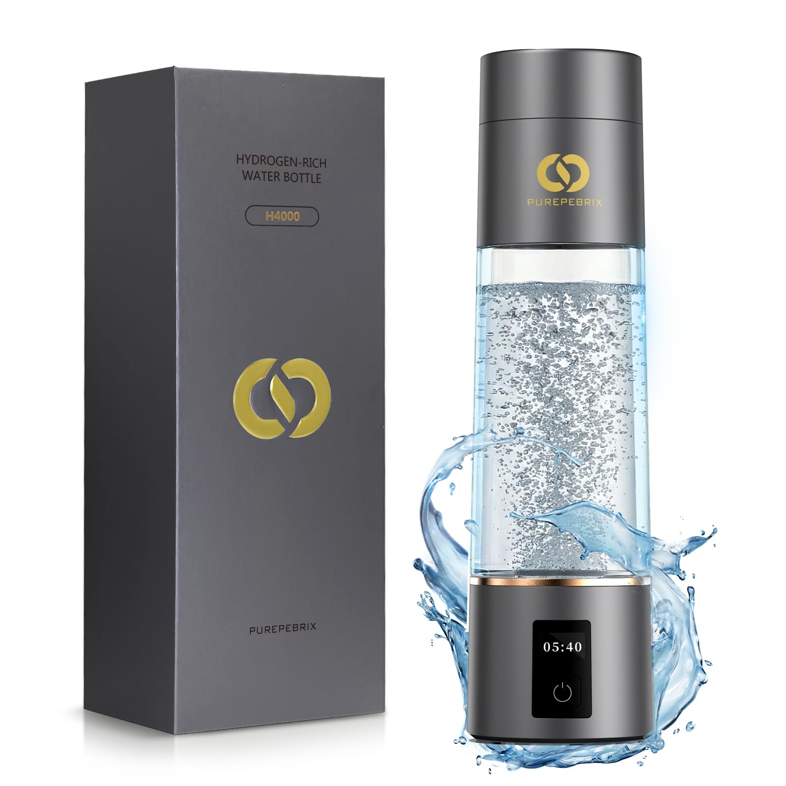 Hydrogen Water Bottle Generator - Up to 6400 PPB & 12-Hour Hydrogen Retention - H2 Certified SPE/PEM Tech - Portable, Recovery & Thoughtful Wellness Gift (Grey)