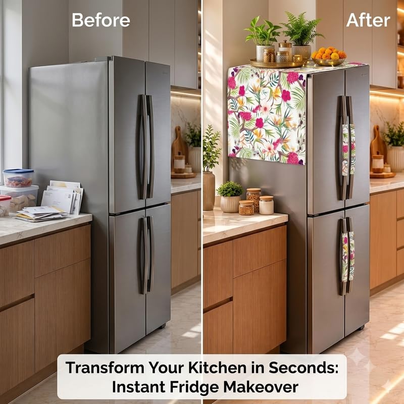 Image of Four Door Fridge Top Cover 400+L | Big Size Dustproof Refrigerator Cover Mat | Machine Washable Floral Print | 450 GSM Durable Fabric Fridge Cover for Side by Side Four Door Models | THROWPILLOW.IN