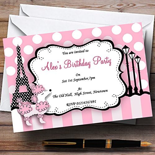 Pink Poodle Paris Theme Personalized Birthday Party Invitations