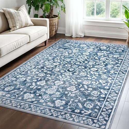 SILOLOOM Vintage 5x7 Area Rug, Blue and White Washable Living